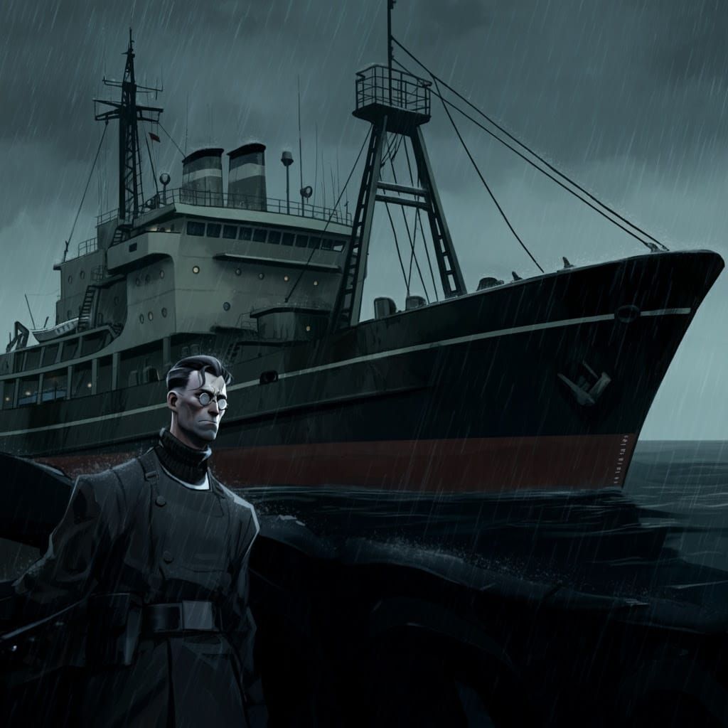 Tall German Man on Industrial Fishing Ship, Dark and Moody A...