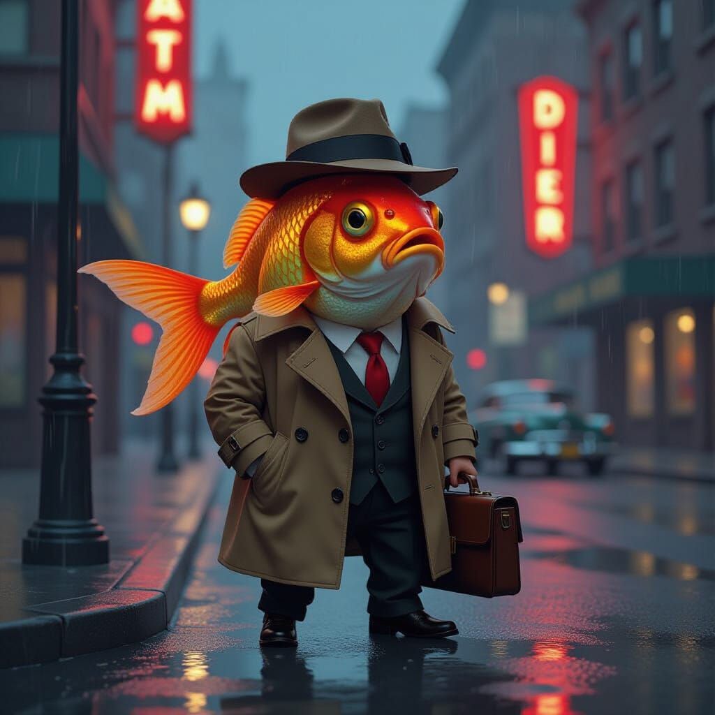 1955 Noir Fish Commutes to Work in Rainy City