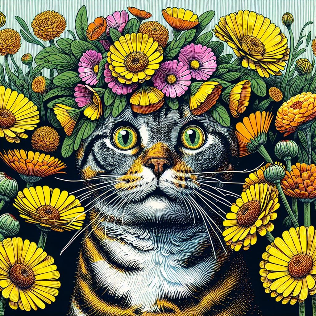 Shocked Tabby Cat with Flowers: Screen Print Illustration
