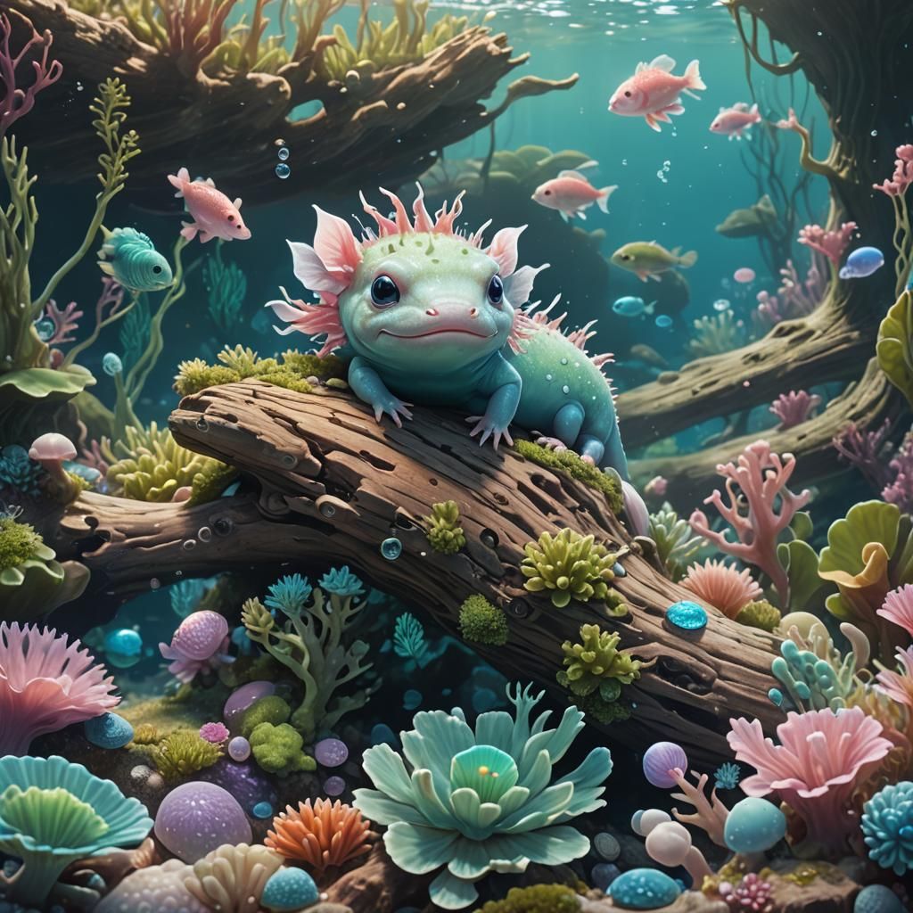 Cute Axolotl Underwater Fantasy Art in Miyazaki Style