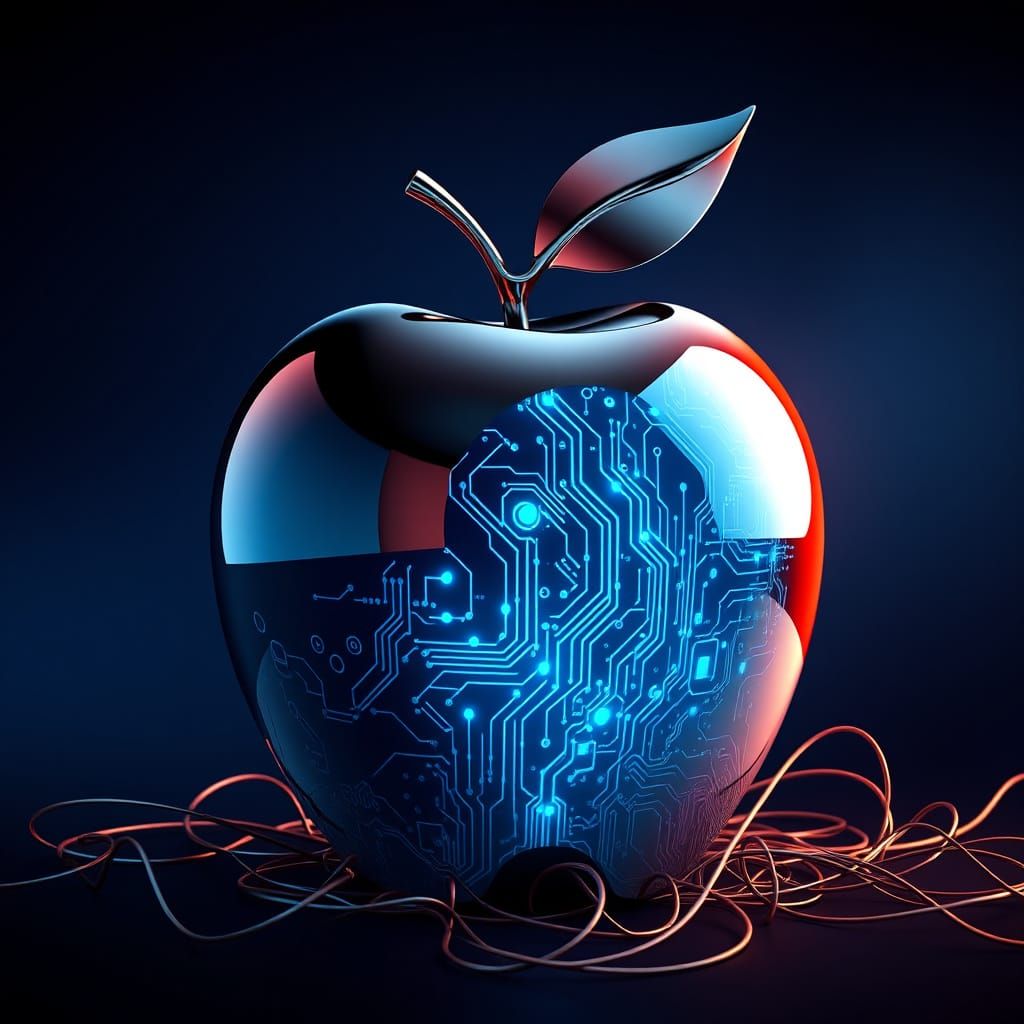 Futuristic Chrome Apple with Glowing Circuitry