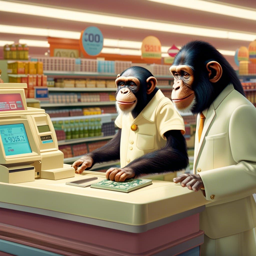 Chimpanzee Cashier in Supermarket, Wes Anderson Style