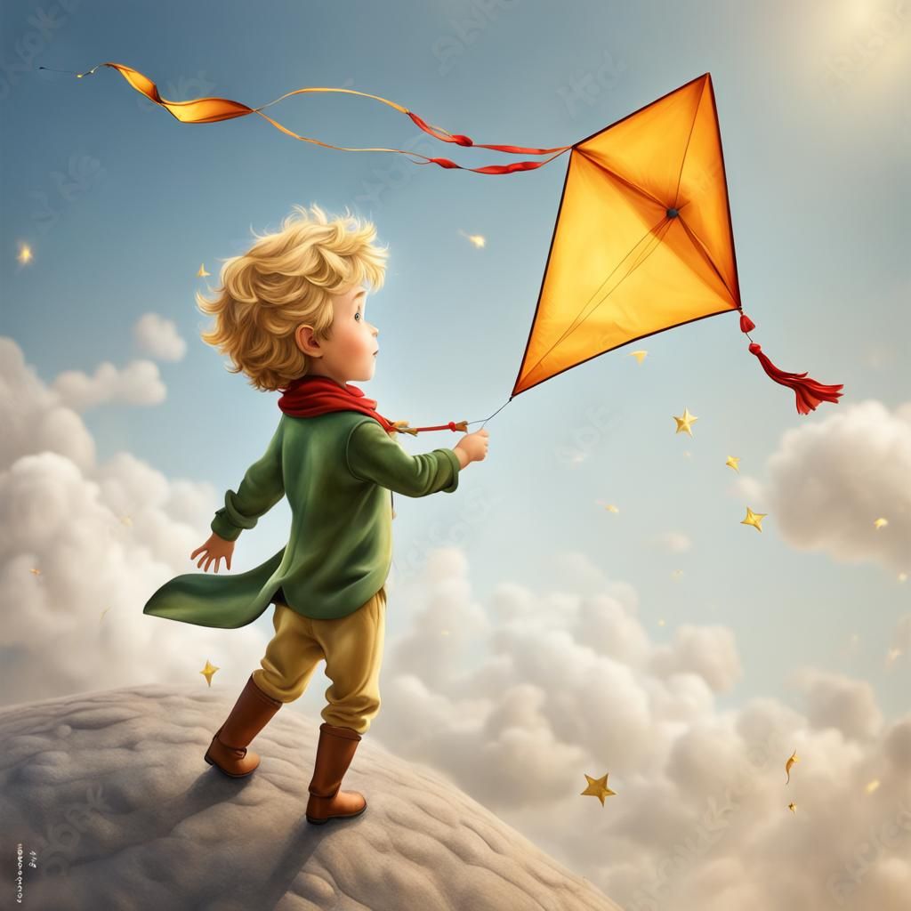 The Little Prince Flying a Kite: Hyperrealistic Photo