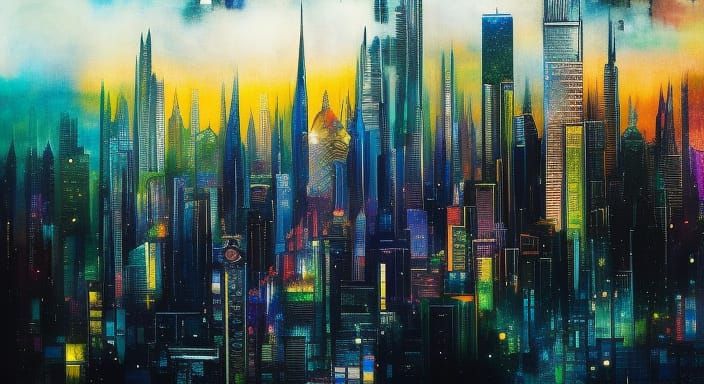 Fantasy City Across Four Seasons in Colored Ink