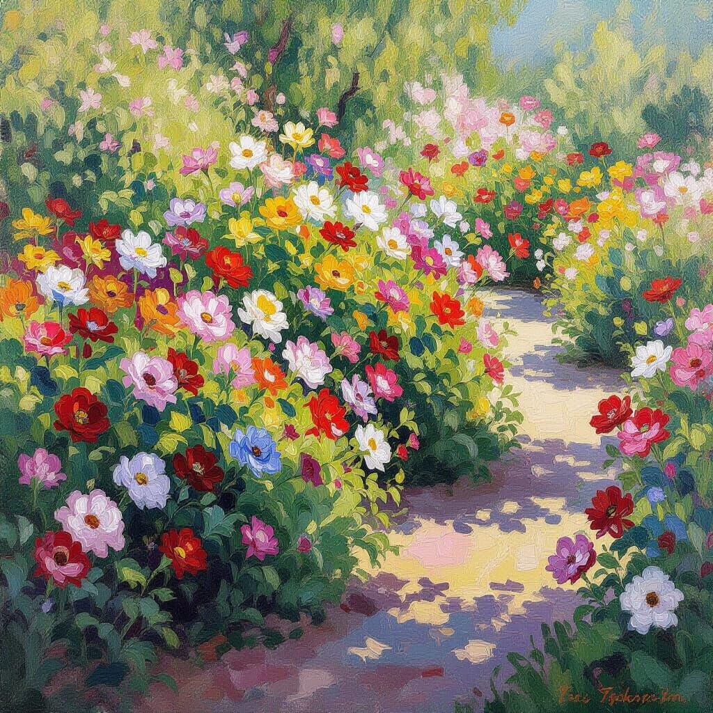 Vibrant Garden Flowers in Impressionist Style