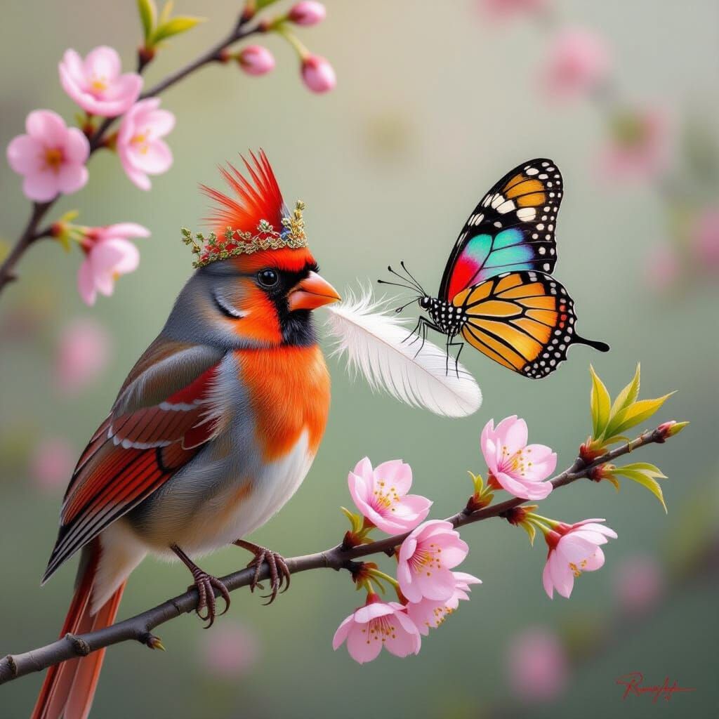 A cardinal holding a white feather in his beak is sitting on...