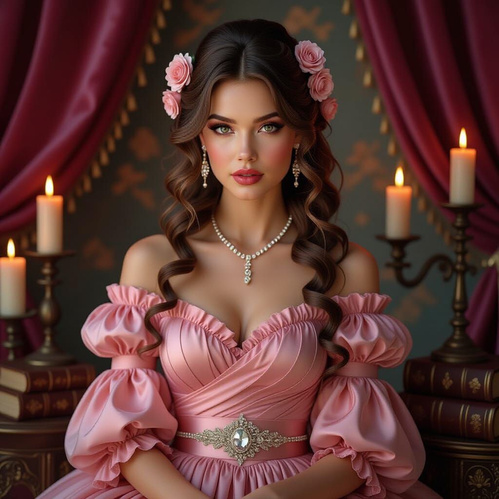 An intricately detailed and maximalist textured oil painting of a woman with waist-length curls styled with blush roses ...