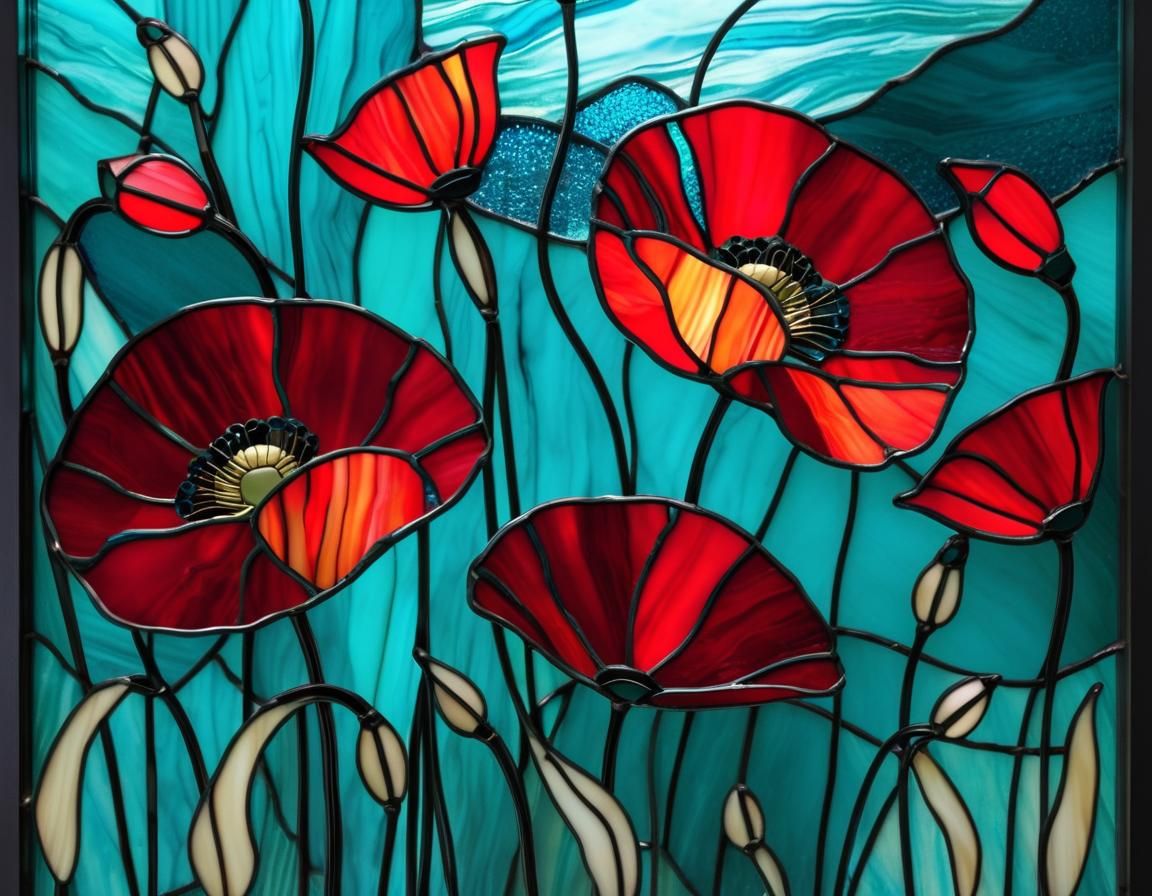 Red Poppy Flowers in Japanese Stained Glass Art