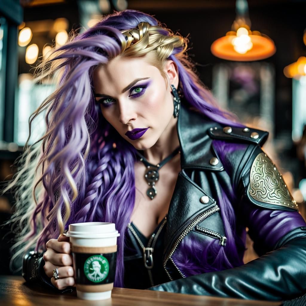 Valkyrie in Biker Outfit Drinks Coffee