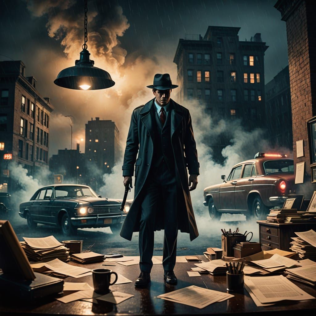 Moody Film Noir Detective in Smoky Office