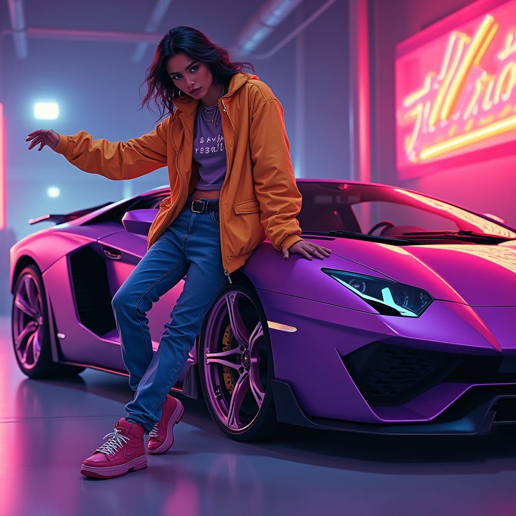 Person Doing The Griddy Beside Purple Lamborghini