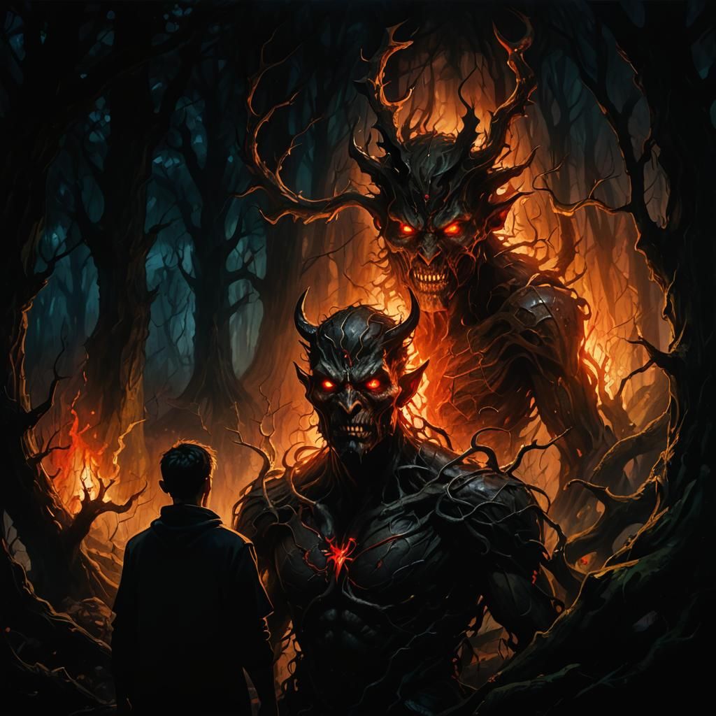 Mystical Forest: Demon and Human in Oil Painting