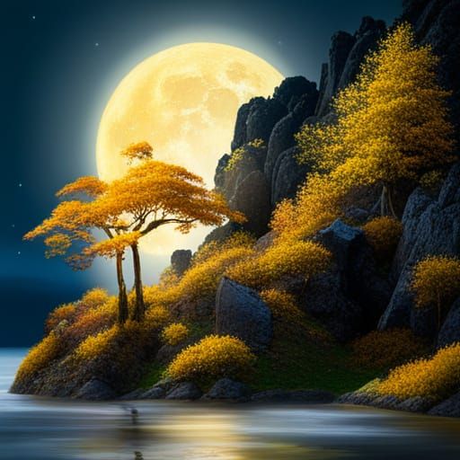 Glowing Golden Tree in Lake at Night