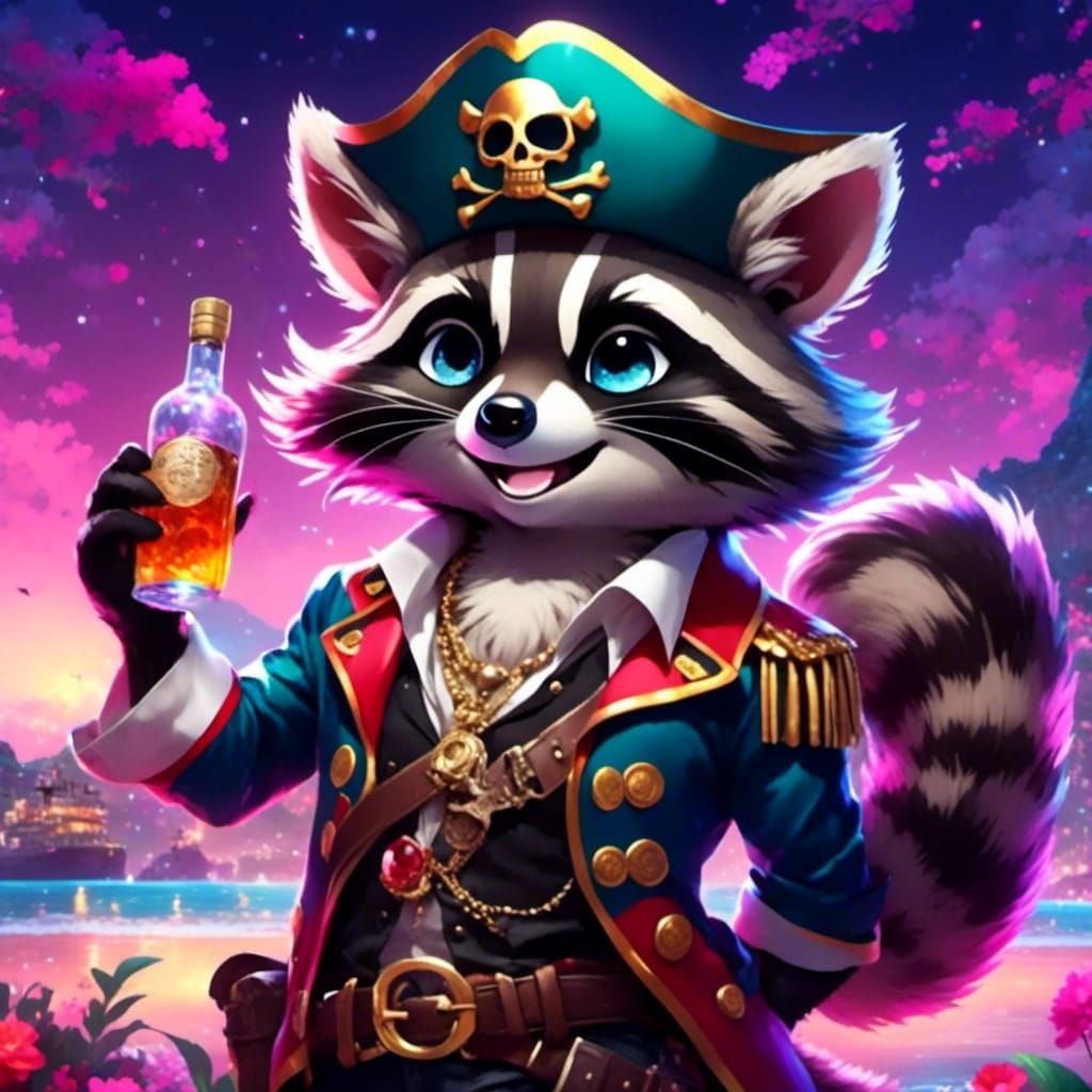 Pirate Raccoon with Liquor Bottle, Anime Style
