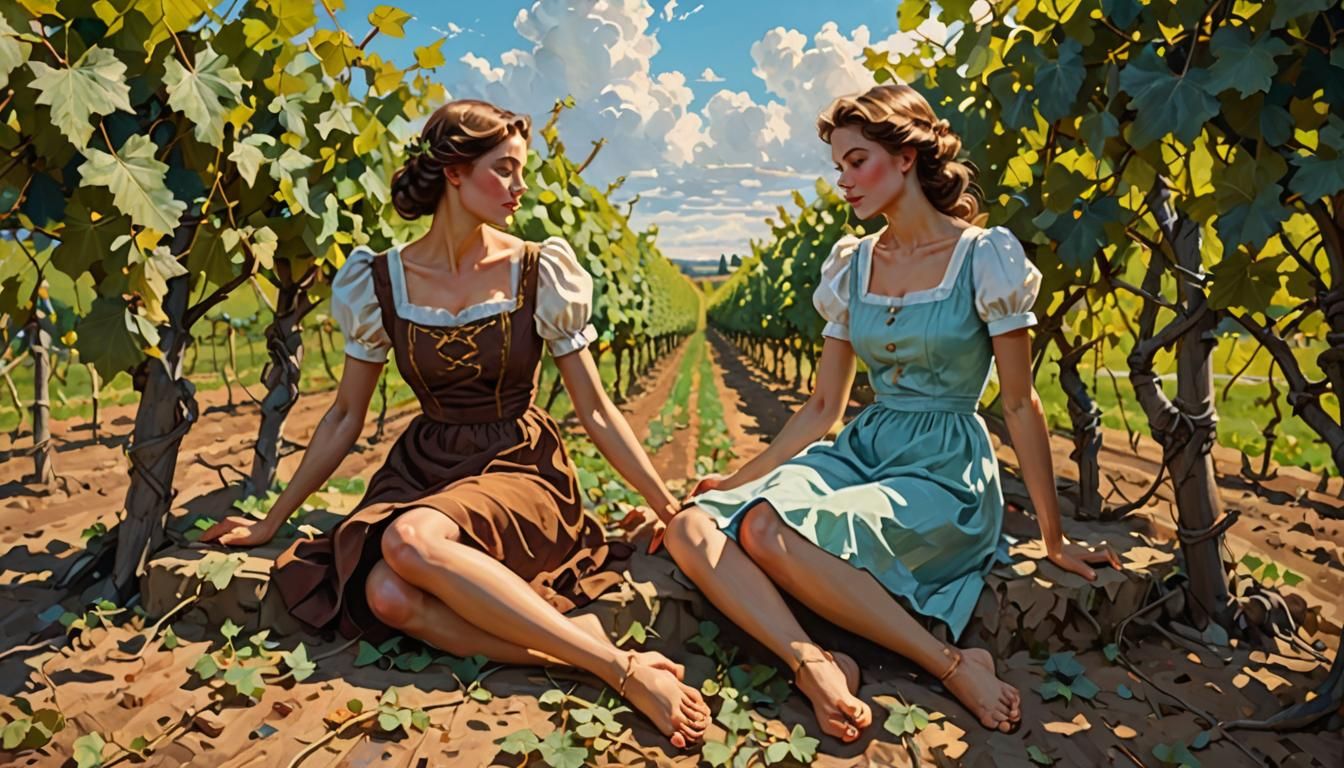 Girls in Vineyard, Soviet Realism Style Painting