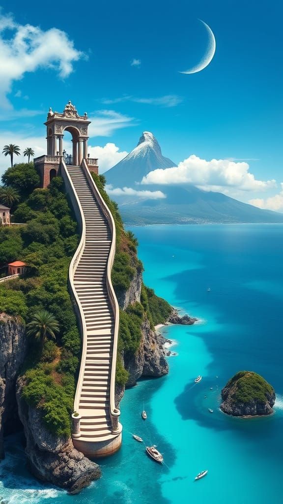 Grand Staircase Ascends from Ocean in Coastal Landscape