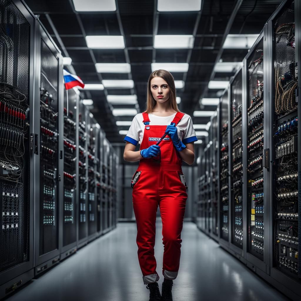 Installer Girl in Server Room: Hyperrealistic Detail