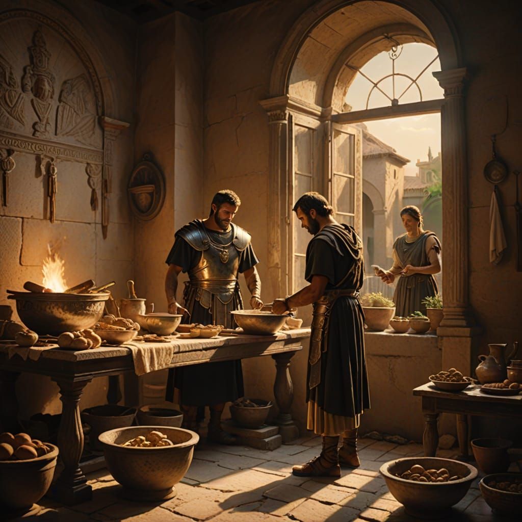 Roman Centurion and Servants Prepare Dinner in Warm Golden L...
