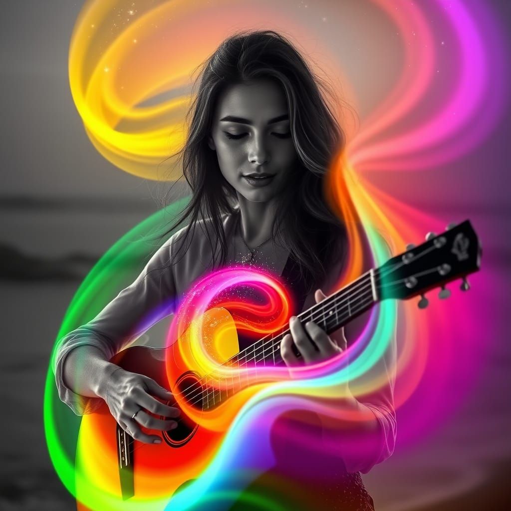 Female Guitarist on Sunset Coast, Ethereal Color Mist
