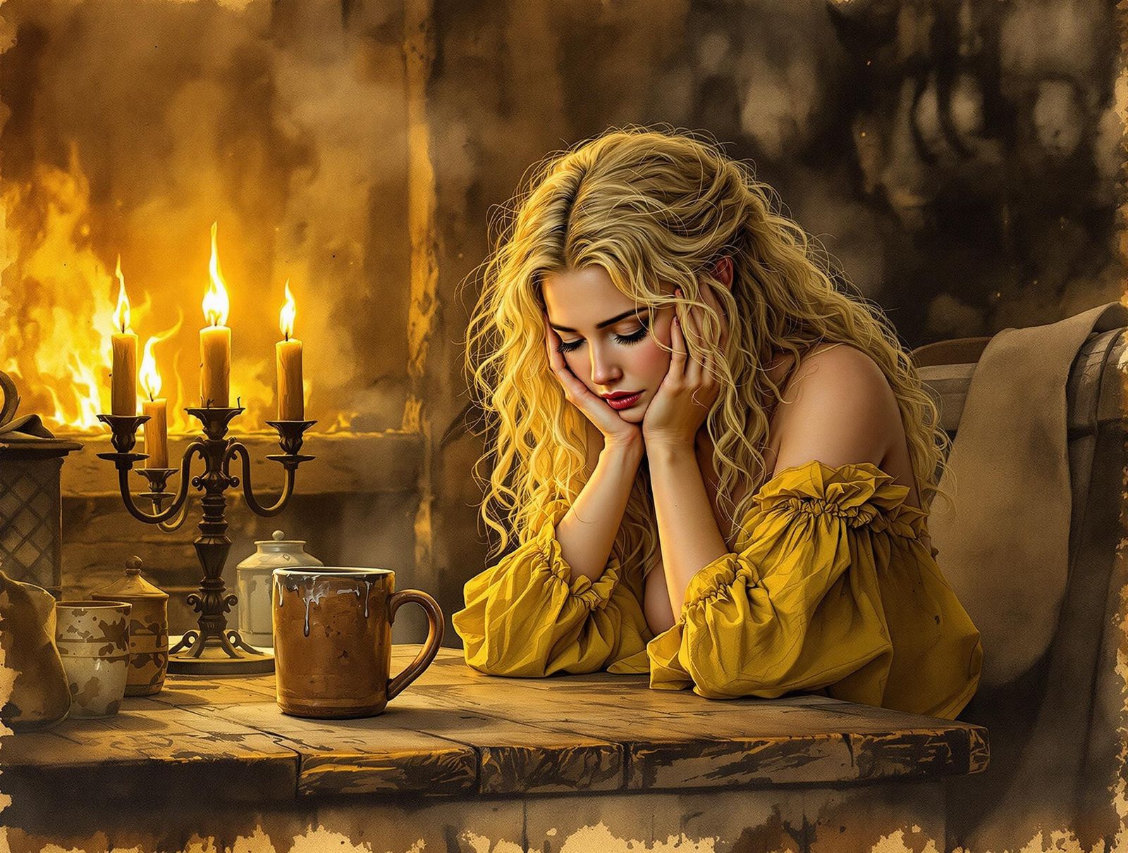 Norse Goddess in Candlelit Tavern, Expressive Illustration