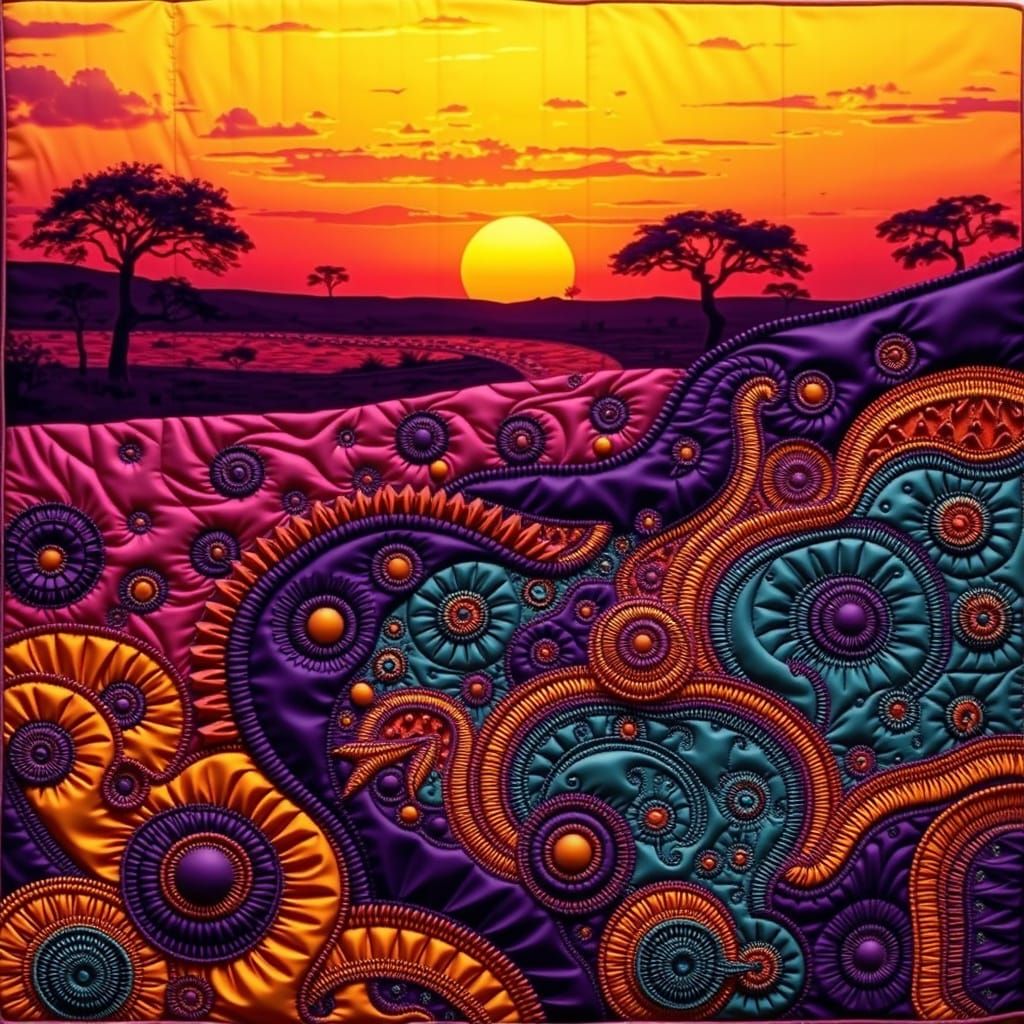 African Sunset Quilt in Abstract Vector Fractal Style