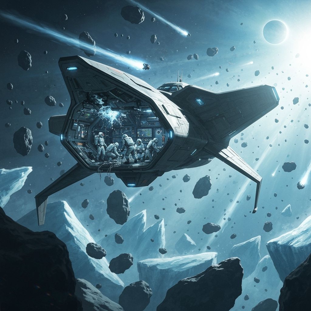 Futuristic Spacecraft Navigates Asteroid Field in Digital Ar...
