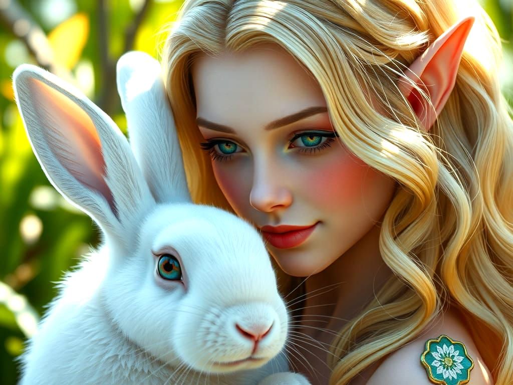 Elegant Female Elf with Rabbit in Whimsical Forest