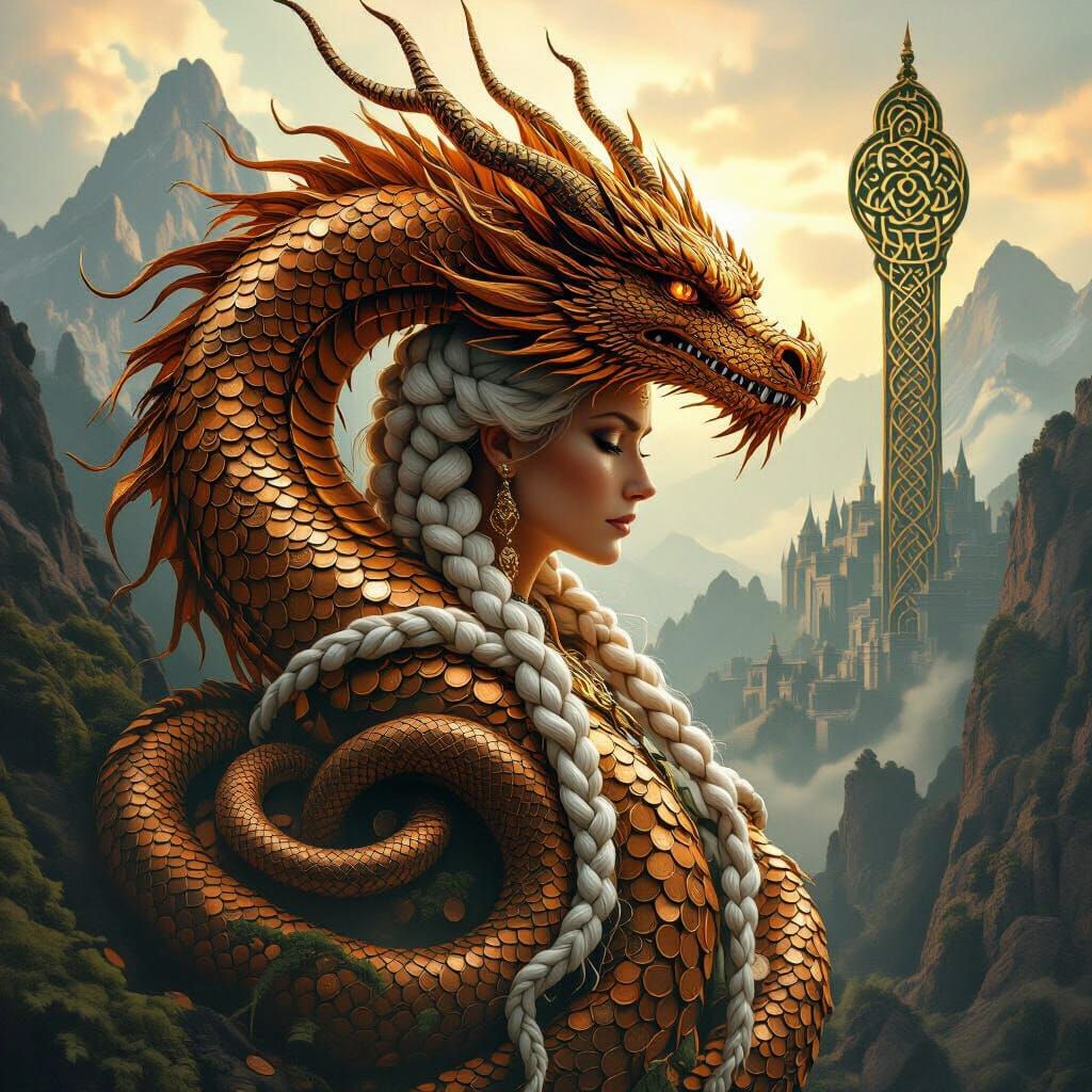 Golden Penny Dragon Merges With Celtic Woman Amidst Mountain...