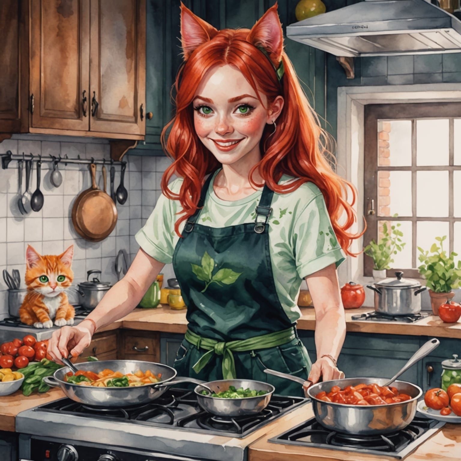 Watercolor Redhead with Cat Features Cooking Dinner
