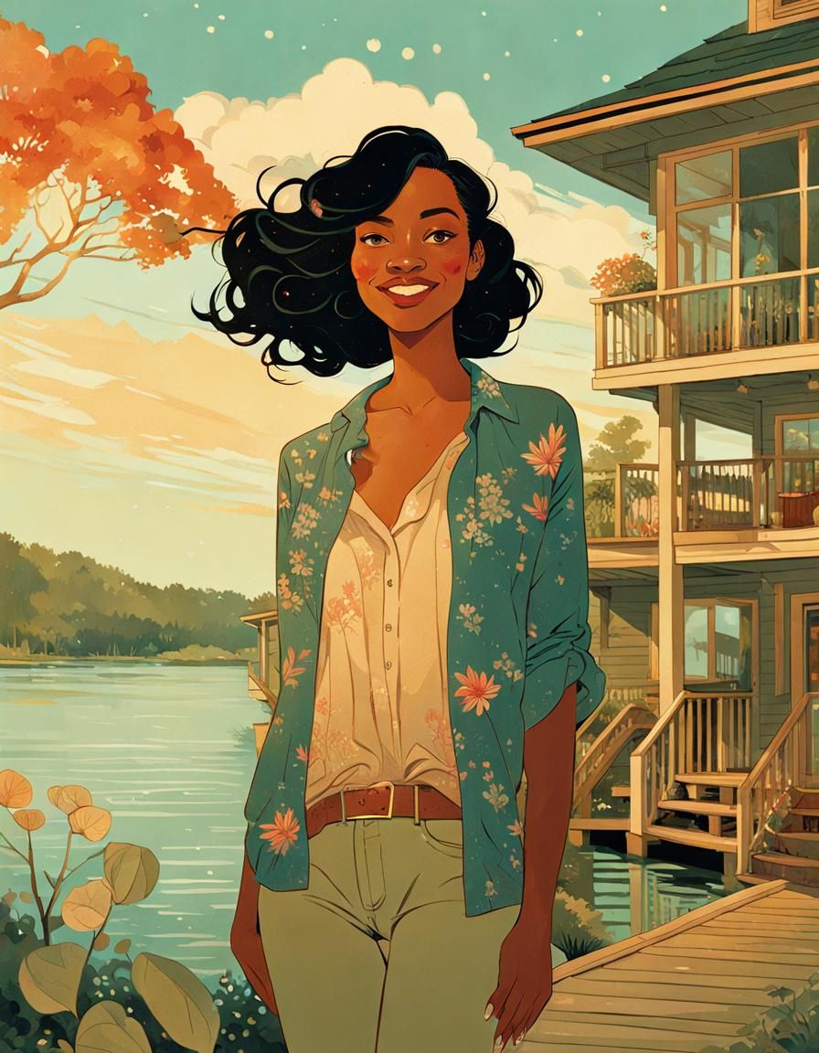 Woman on Lake House Patio, Illustration Style