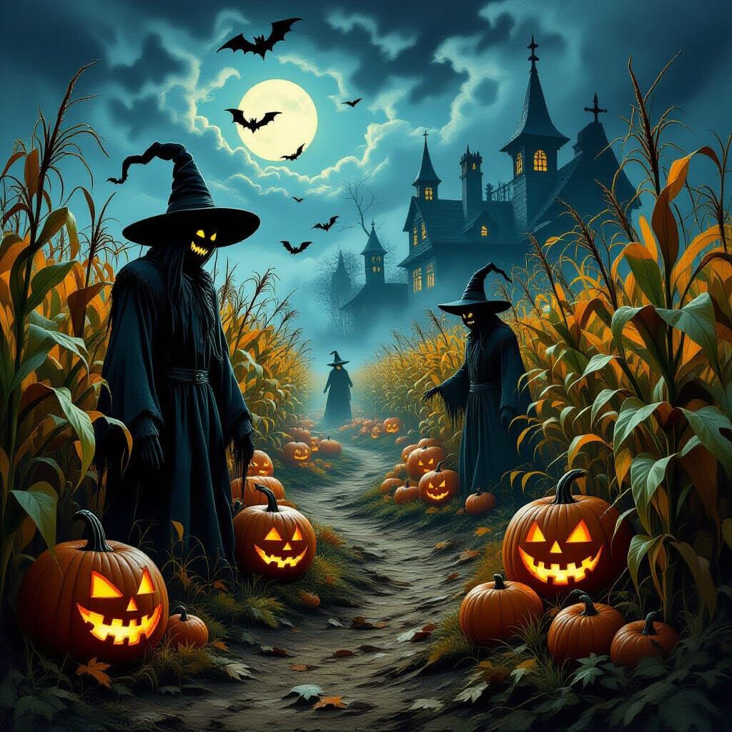 Haunting Halloween Harvest Maze with Spectral Scarecrows