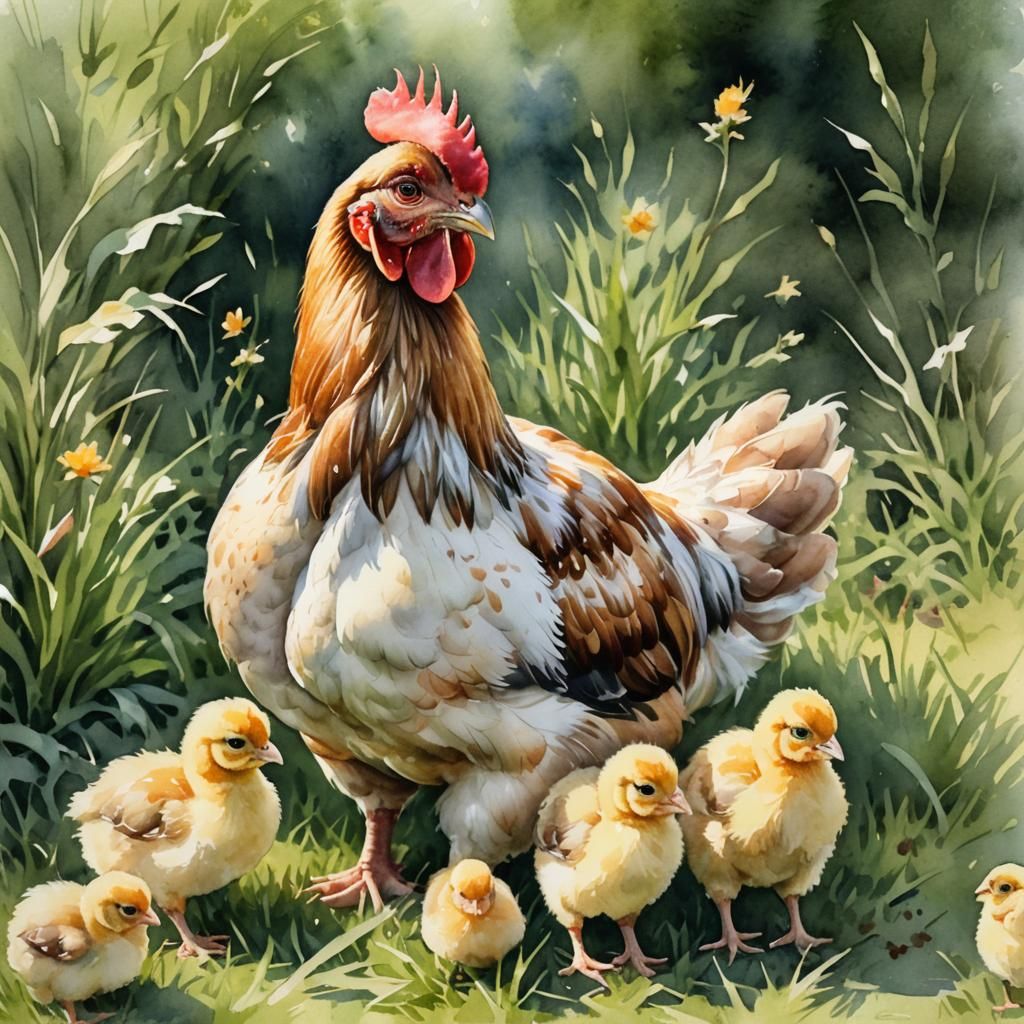Hen and Chicks: A Watercolor Portrait