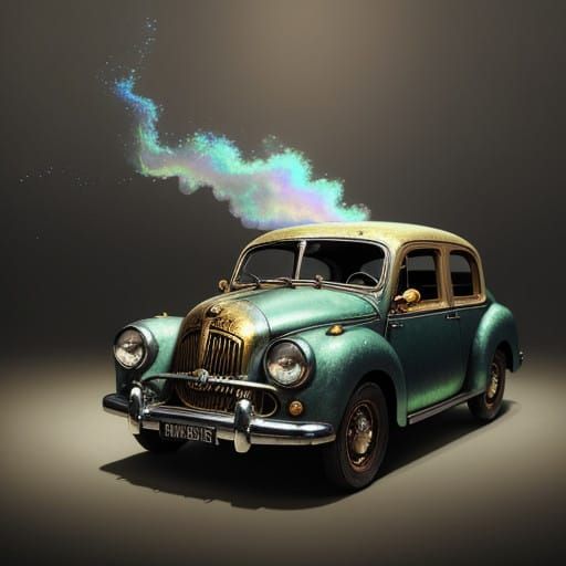 Whimsical Steampunk Vintage Car in Pearlescent Hues