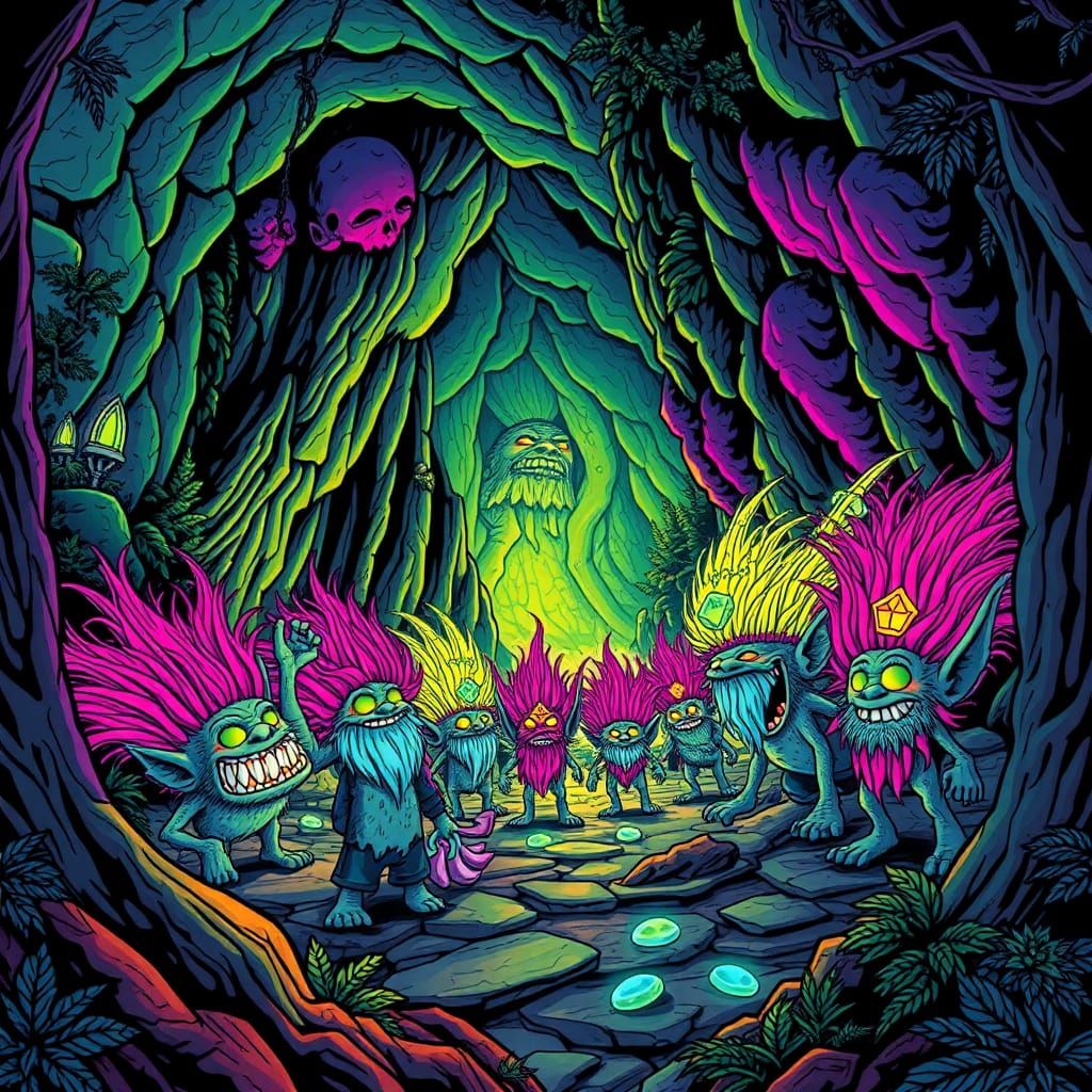Fluorescent Jewel Trolls Party in Dark Forest Cave