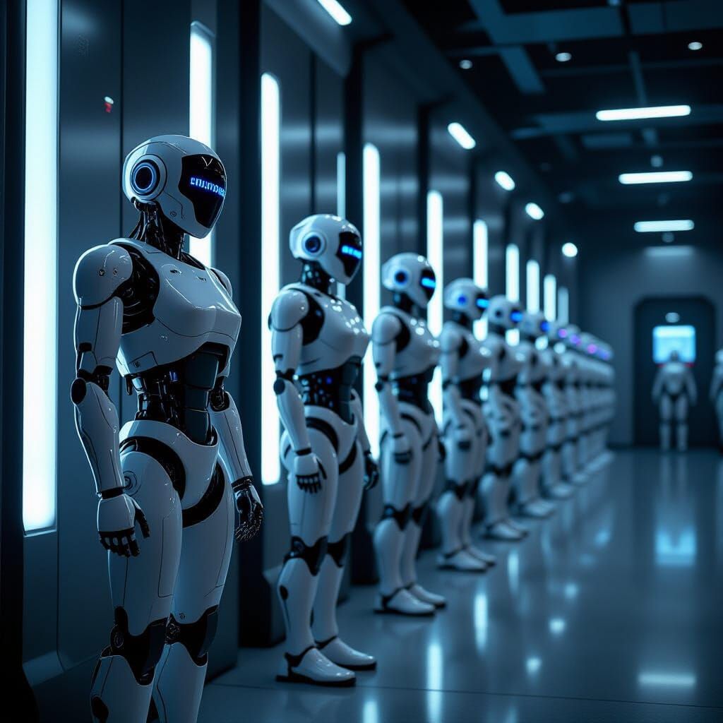 Futuristic Hall of Humanoid Combat Robots