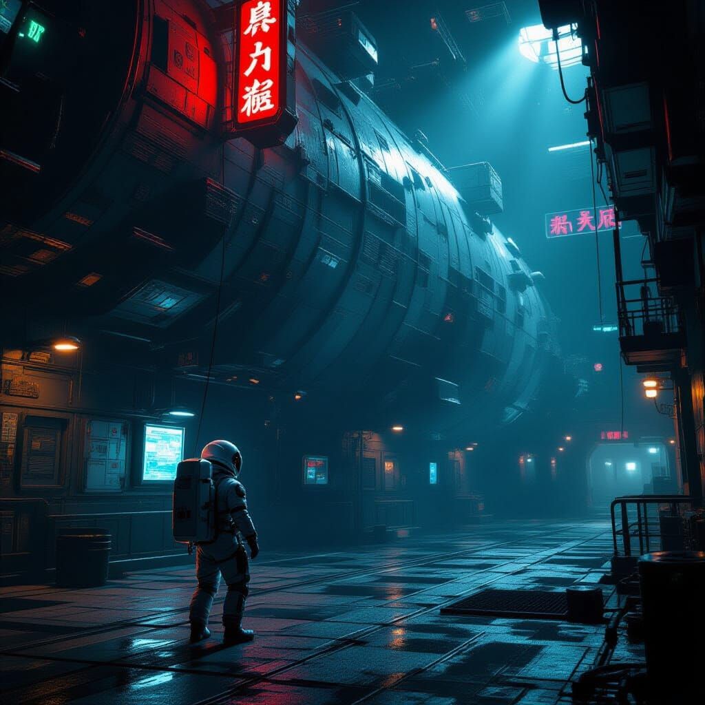 Astronaut Adrift Near Derelict Space Station in Neon Noir St...