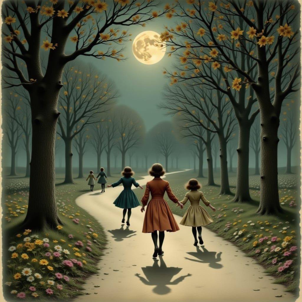 Vintage Children Running in Moonlit Park