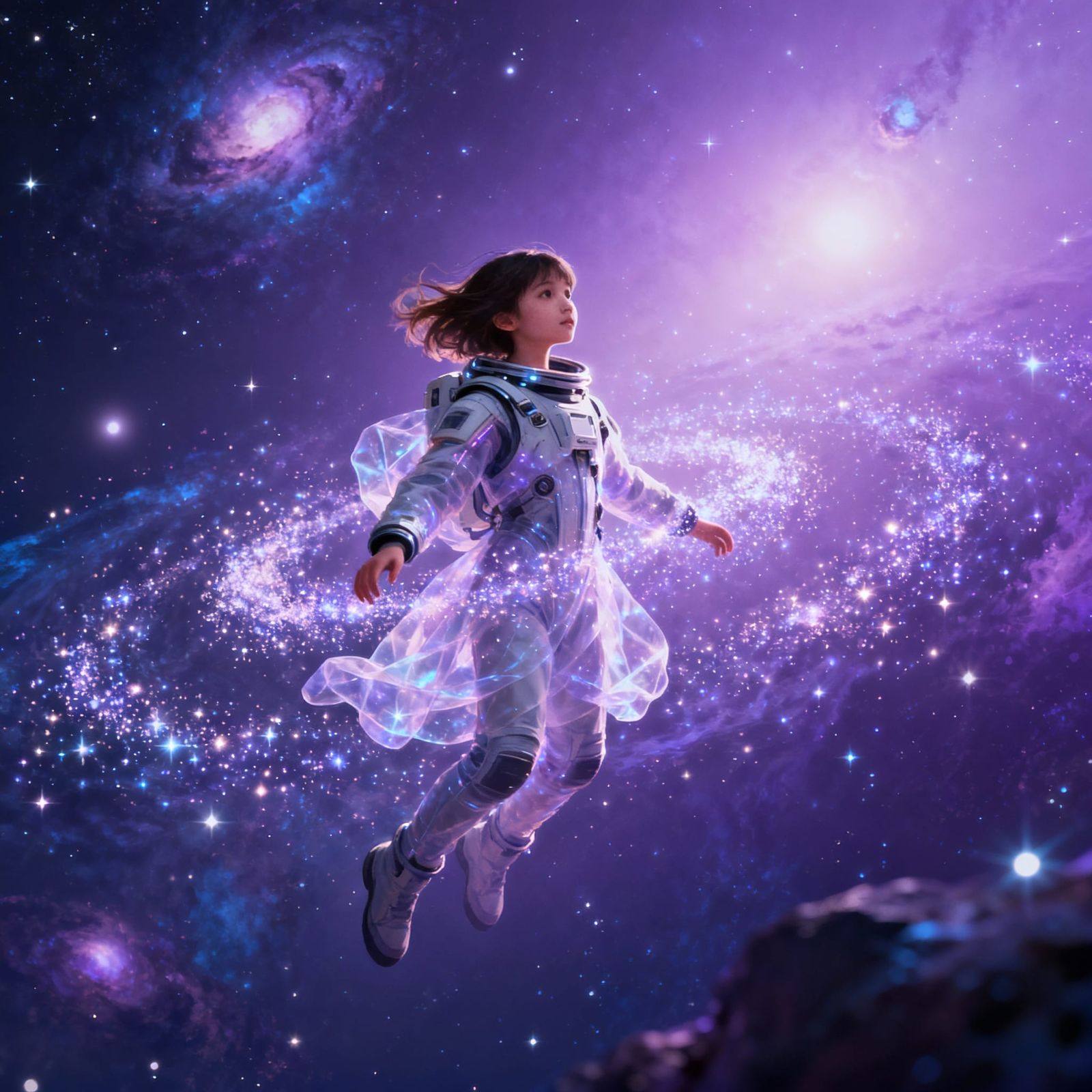 Girl in Space with Glowing Stardust and Celestial Background