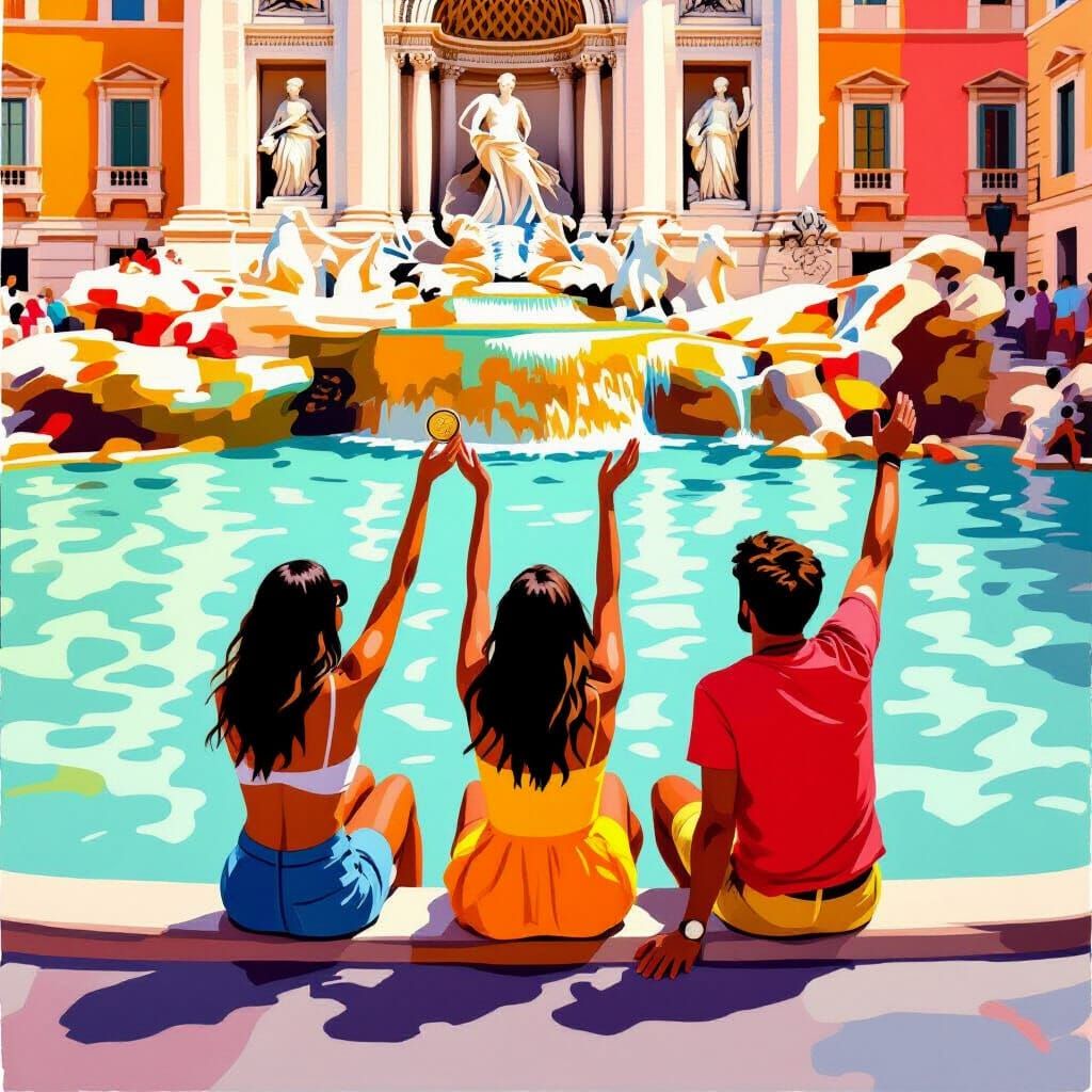 Trevi Fountain Scene in David Hockney Pop Art Style