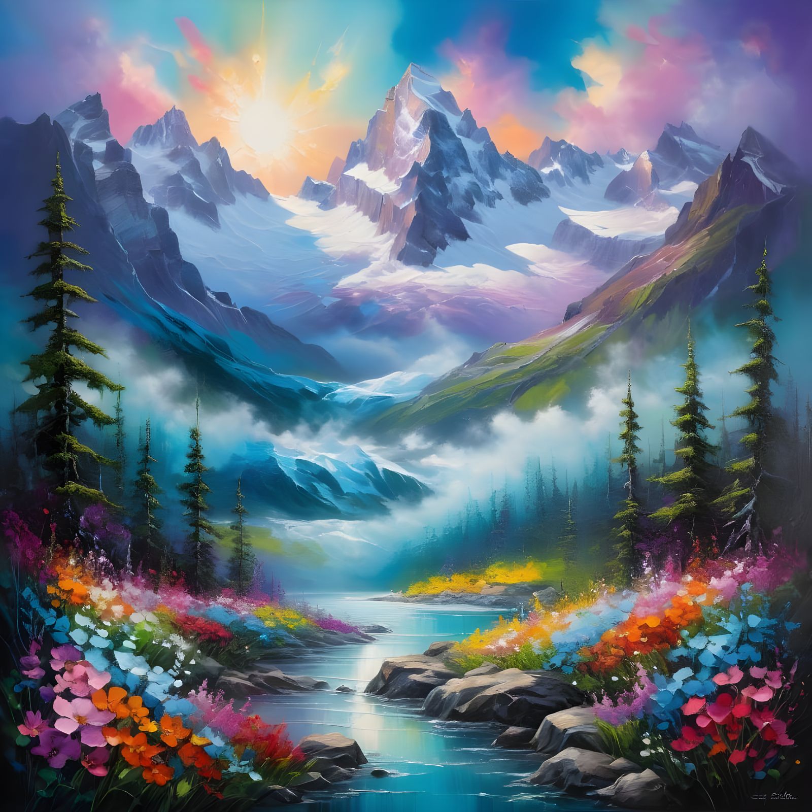 Ethereal Landscapes of Glaciers and Wildflowers in Neo-Expre...