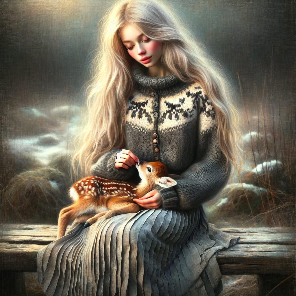 Girl Nurturing Fawn in Romantic Impressionist Style