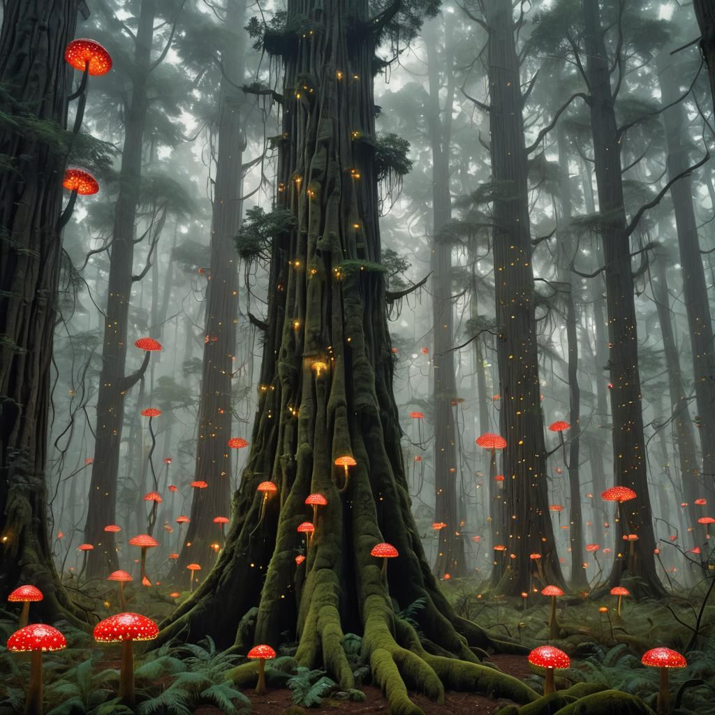 Redwood Forest with Fireflies in Surreal Style