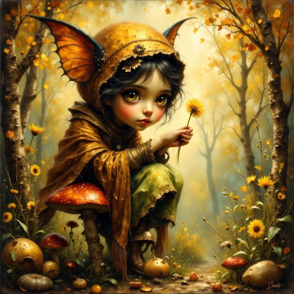 Fae on Toadstool with Dandelion, Autumn Colors