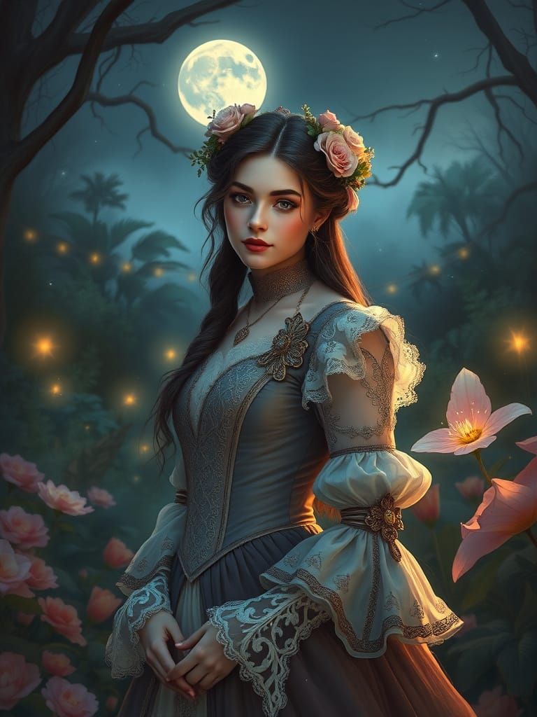 Victorian Woman in Mystical Moonlit Garden