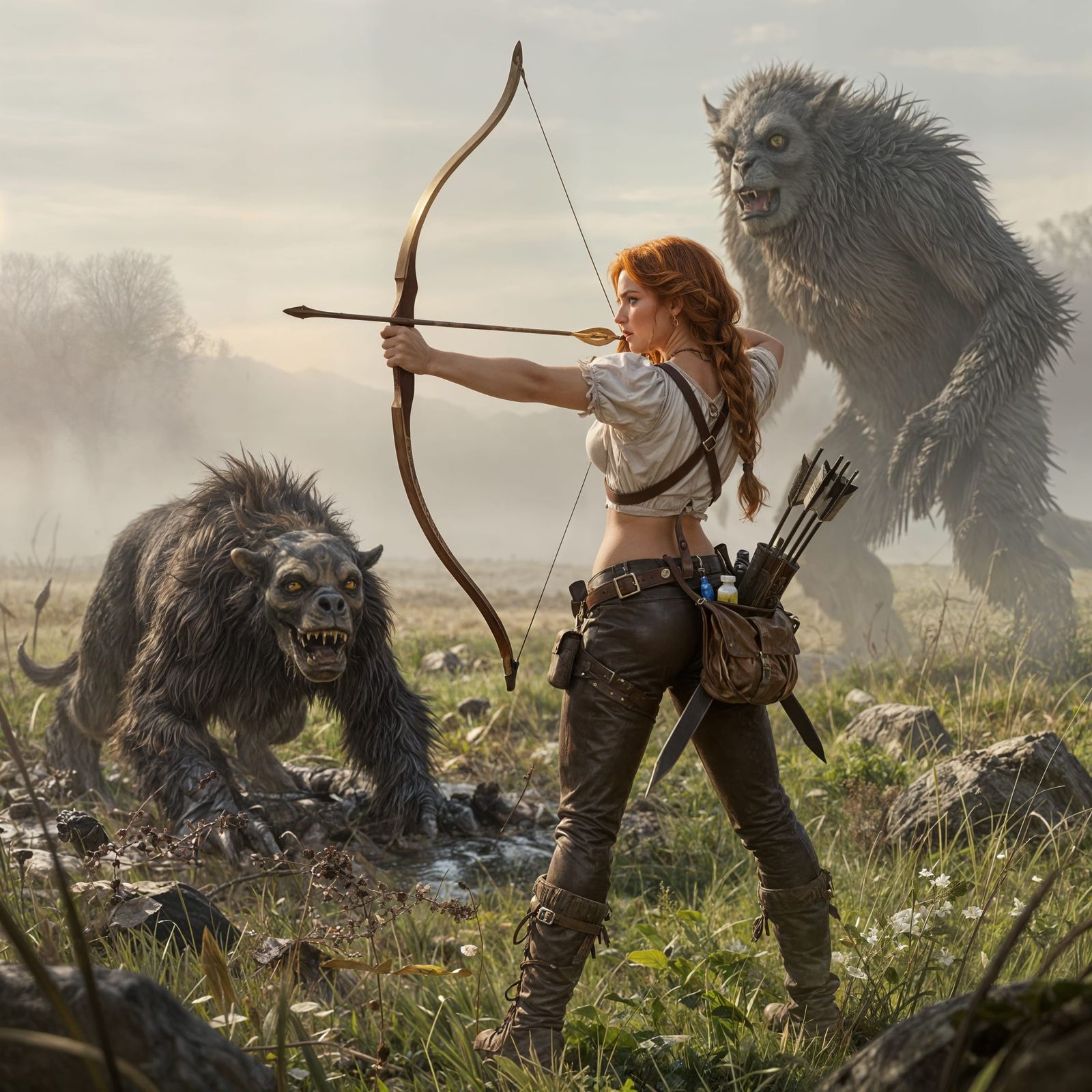 Fantasy Adventuress Faces Zombie Minotaur in Misty Marshland