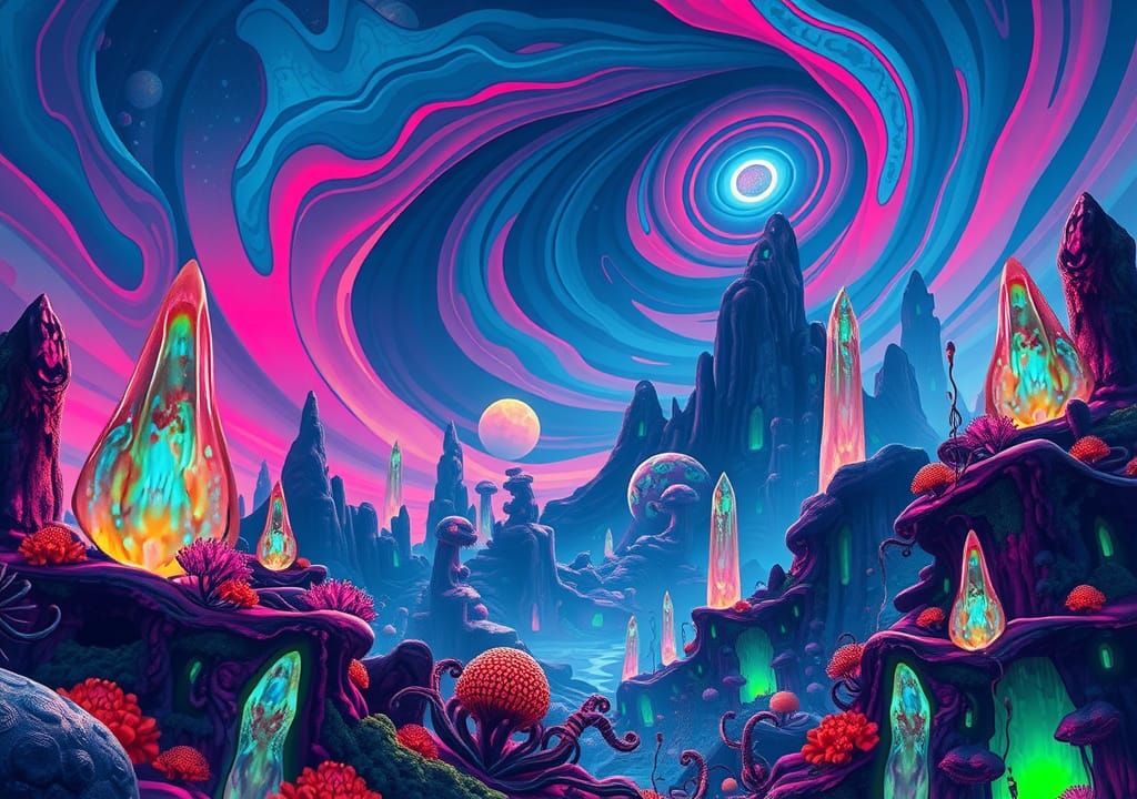 Dreamlike Landscape with Glowing Flora and Crystal Formation...