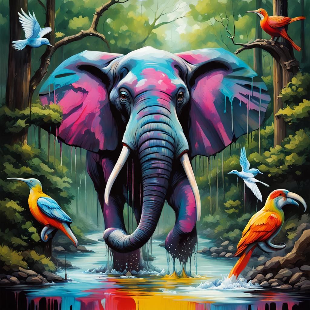 Elephant and Birds in Graffiti Street Art Style