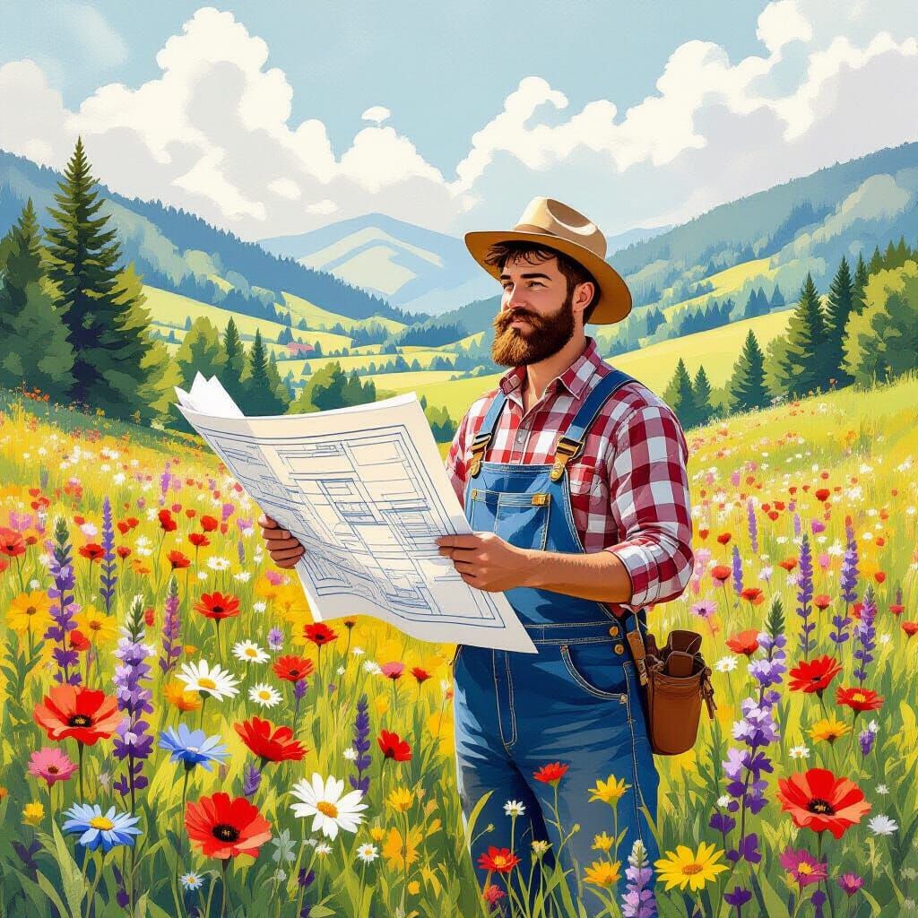 Whimsical Engineer in Meadow Children's Book Style