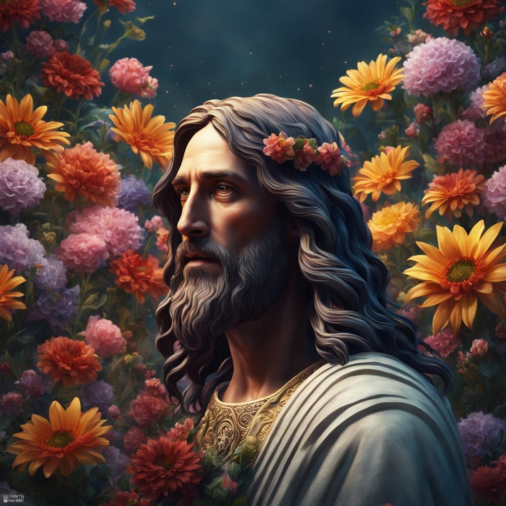 Jesus in a Fantastical Garden of Flowers