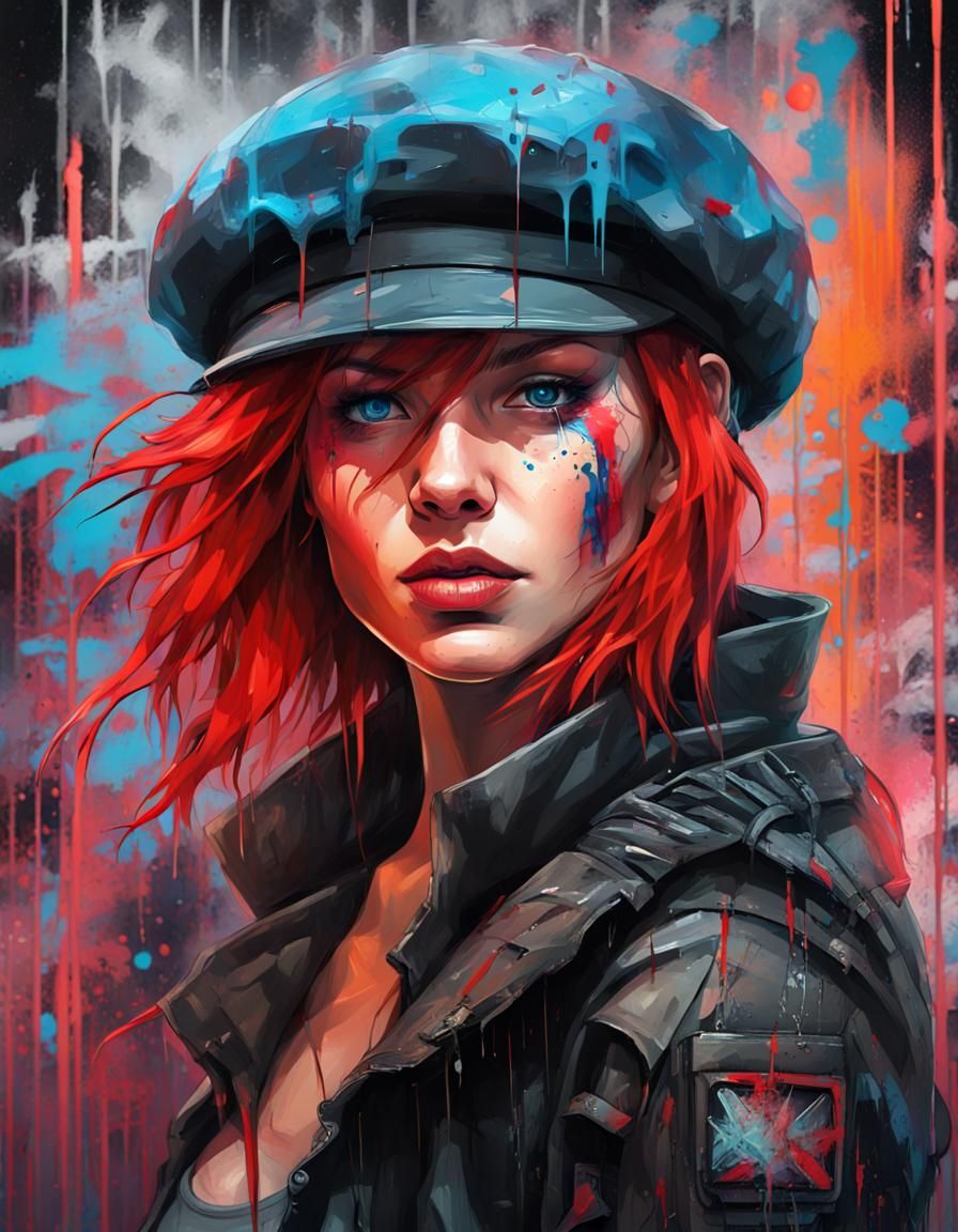 Cyberpunk Graffiti: Woman with Red Hair